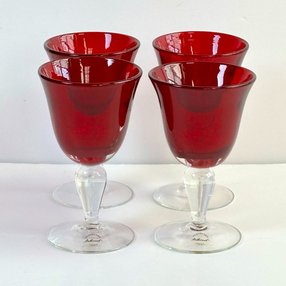 Artland Handblown Cranberry Ruby Red Clear Stem Water Wine Goblet Set of‎ 4